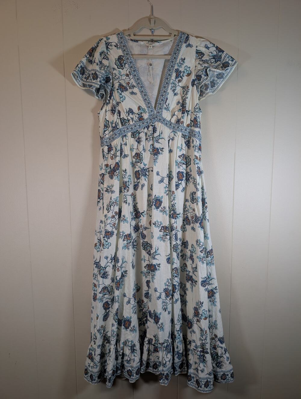 BOHO Floral Maxi Dress XL Max Studio London V Neck Empire Waist Border Print